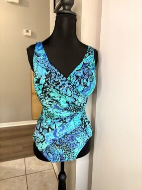 Vintage blue and green w silver hints Cheetah print wrap style 1 piece swim